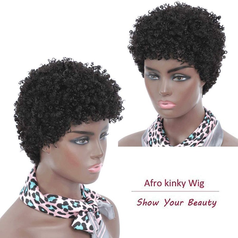 Ms Taj Afro Kinky Human Hair Wigs for Black Women Brazilian Virgin Short Curly Wigs None Lace 150% Density Unprocessed Afro Wig Human Hair Curly Machine Made (Natural Color, afro wig) - Image 2